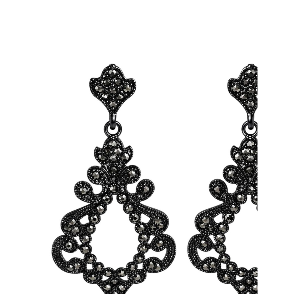 Black Enamel Rhinestone Chandelier Earrings Gothic Filigree Statement Dangles 3"